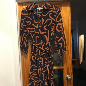 Amour Vert Navy and Orange belted Silk Dress- XS